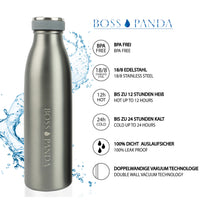 Boss Panda Edelstahl Trinkflasche 500 ml in Grau – doppelwandig, isoliert, auslaufsicher, ideal für Alltag und Sport.